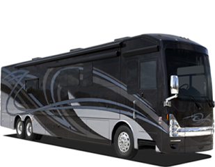 Side profile of a black bus with black, blue, and grey accent designs